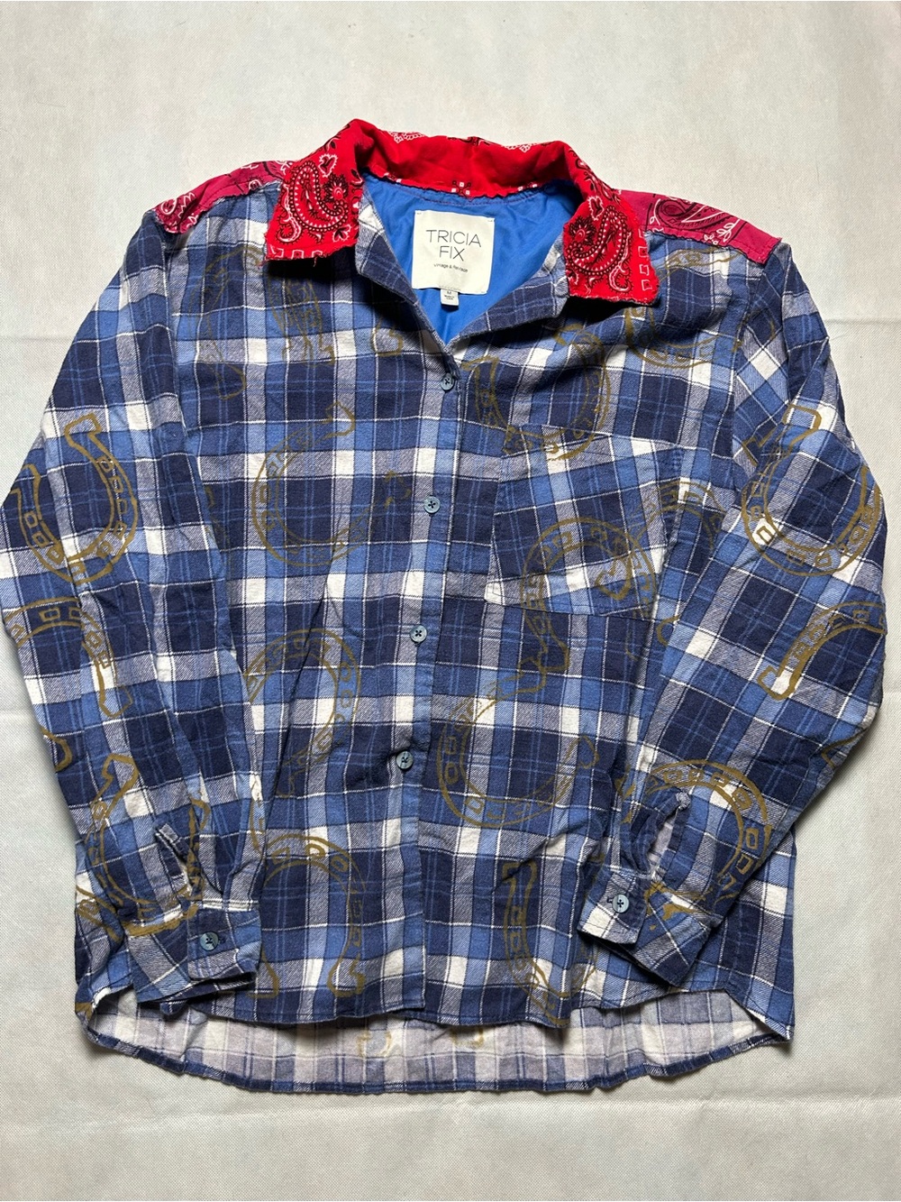 Tricia Fix plaid and bandana flannel button up shirt size medium
